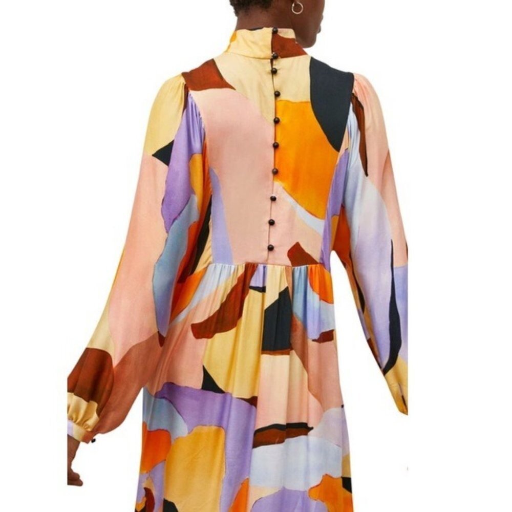 River Island Abstract Long Sleeve Maxi Dress NWT Mock Neck Back Buttons Small - Picture 3 of 4